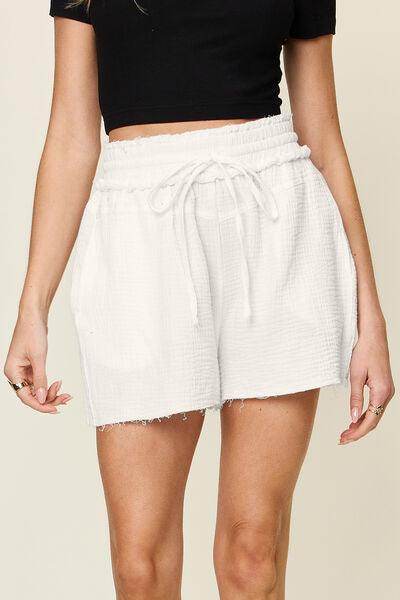 Double Take Full Size Texture Raw Trim Drawstring Shorts - Selvanelle