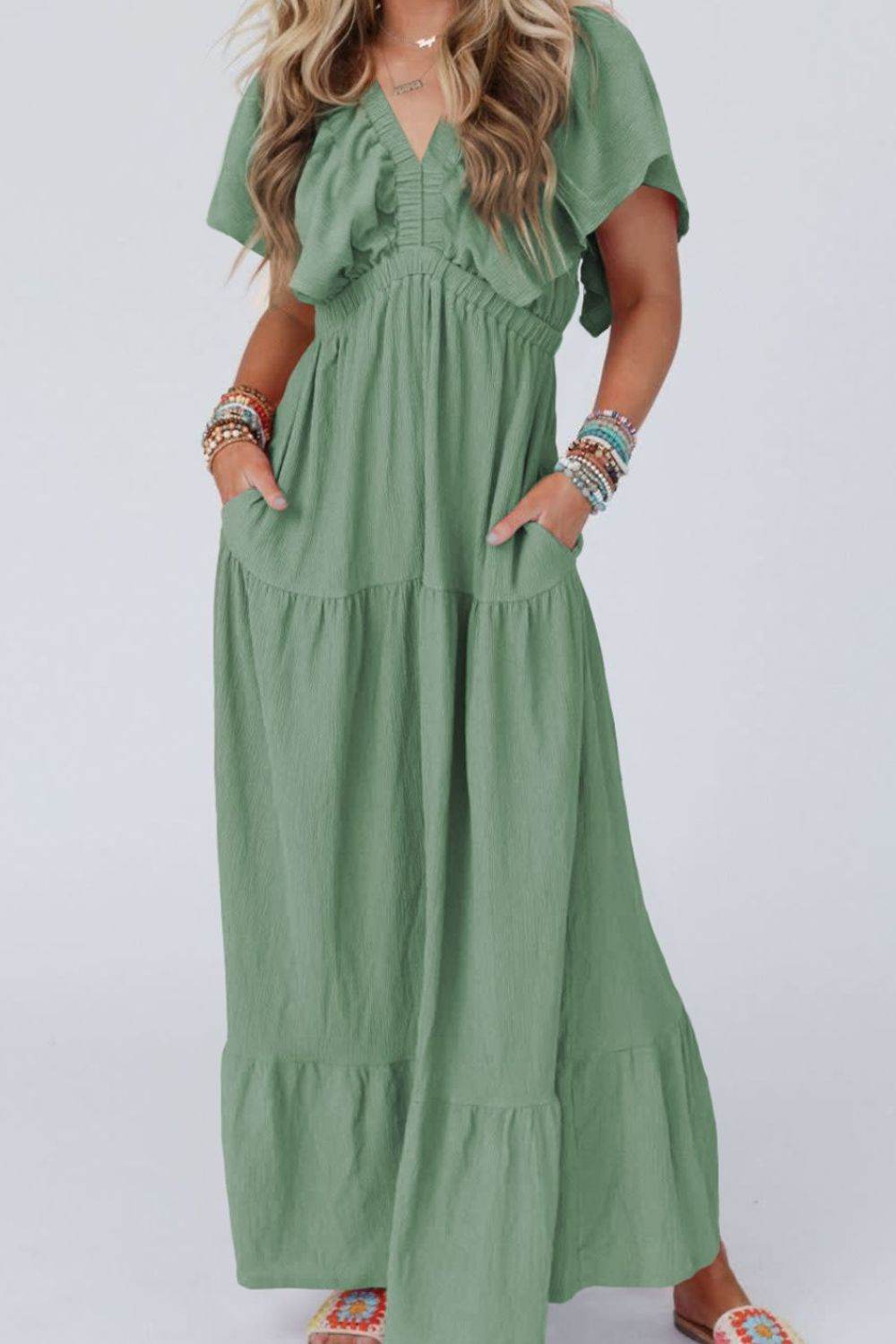 Ruffled V Neck Flutter Sleeve Maxi Dress - Selvanelle