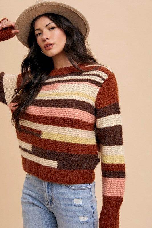Annie Wear Color Block Round Neck Long Sleeve Sweater - Selvanelle