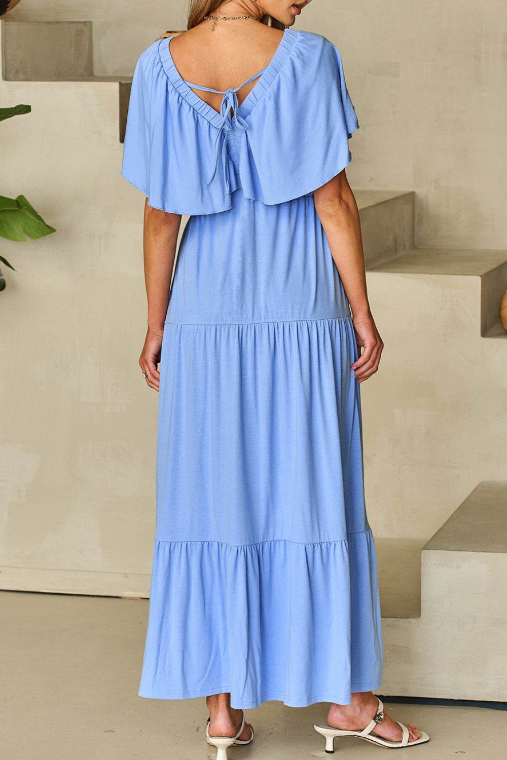 Ruffled V Neck Flutter Sleeve Maxi Dress - Selvanelle