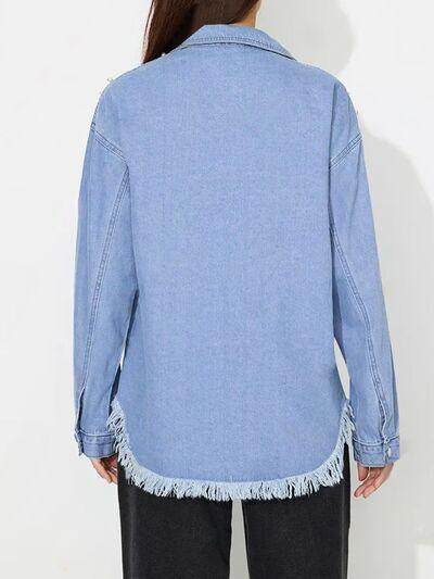 Raw Hem Pearl Trim Collared Neck Denim Top for Women - Selvanelle