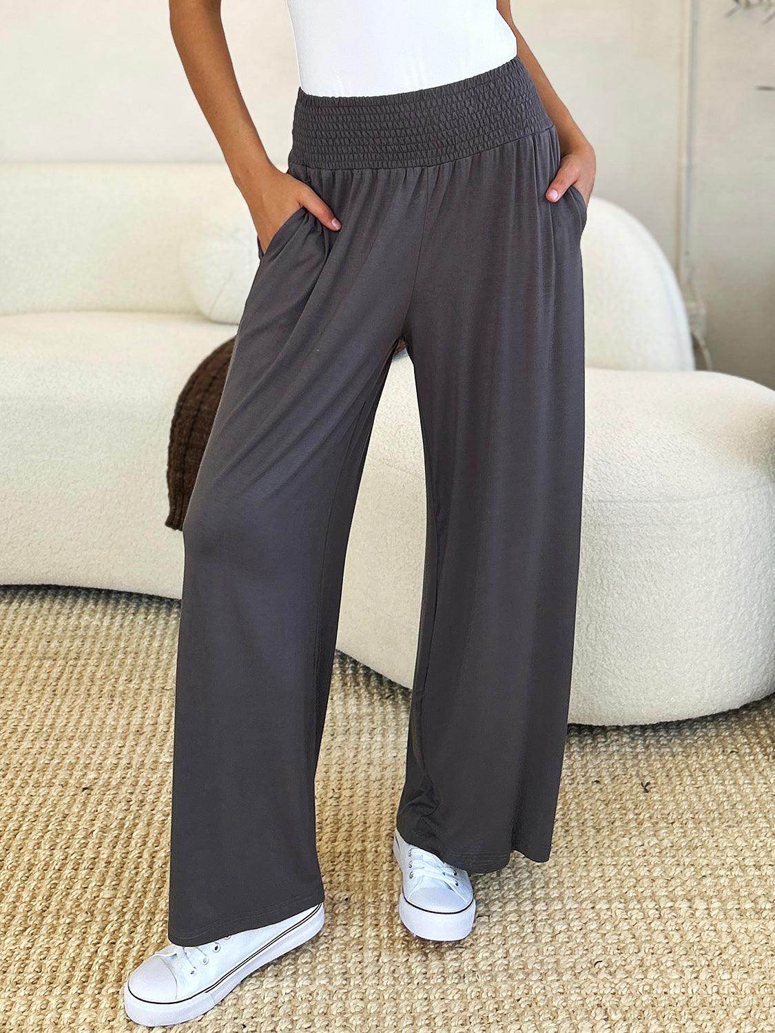Double Take Full Size Smocked Wide Waistband Wide Leg Pants - Selvanelle