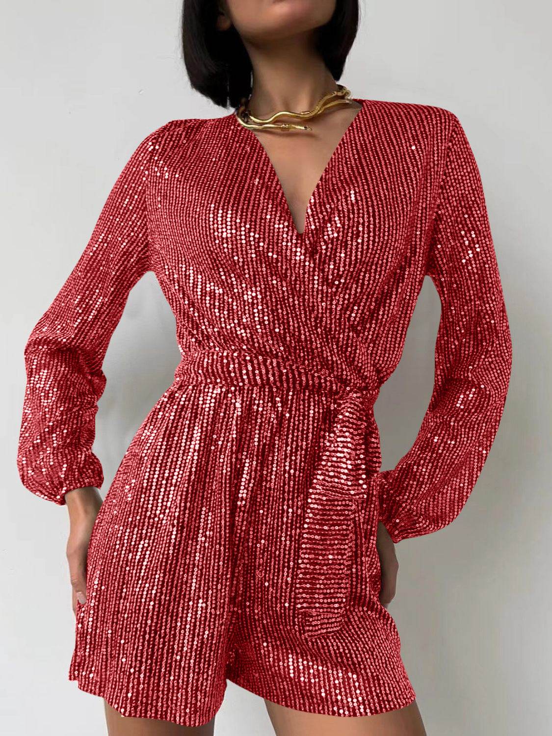 Full Size Sequin Surplice Tie Waist Long Sleeve Romper - Selvanelle