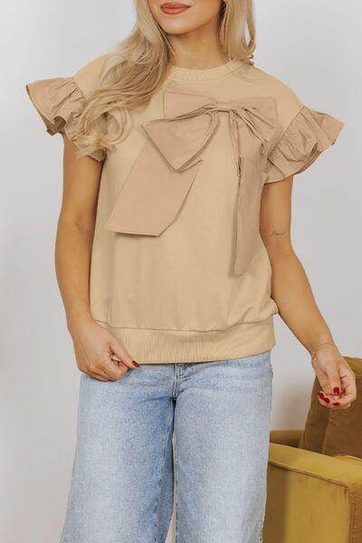 Bow Ruffled Round Neck Cap Sleeve Blouse for Women - Selvanelle