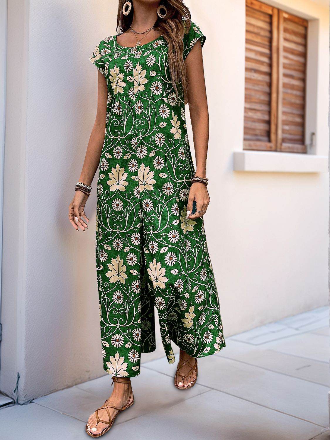 Perfee Printed Round Neck Cap Sleeve Wide Leg Jumpsuit - Selvanelle