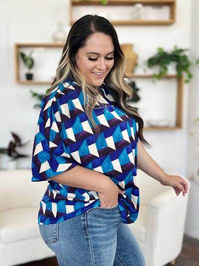 Double Take Full Size Geometric Notched Half Sleeve Blouse - Selvanelle