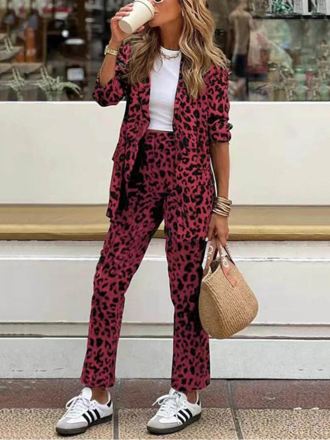 Full Size Leopard Lapel Collar Blazer and Pants Set - Selvanelle