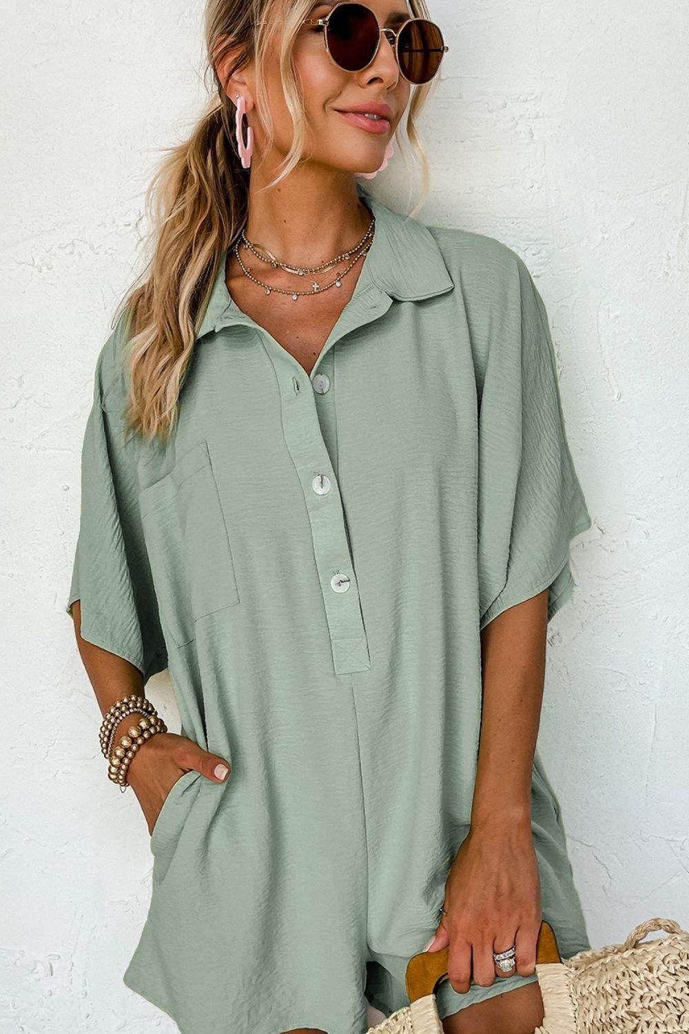 Half Button Collared Neck Romper - Selvanelle