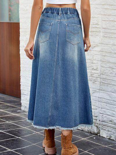 Raw Hem Buttoned Denim Skirt with Pockets for Women - Selvanelle
