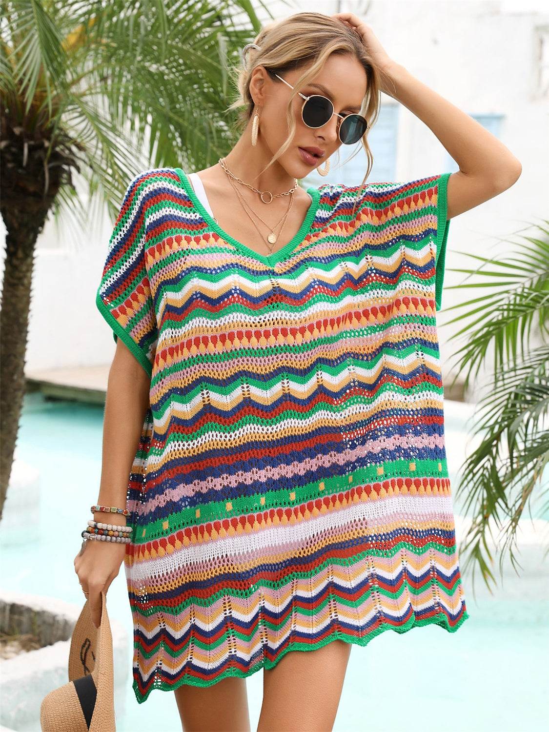 Angel Wings Rainbow Stripe Scalloped V-Neck Cover-Up Dress - Selvanelle