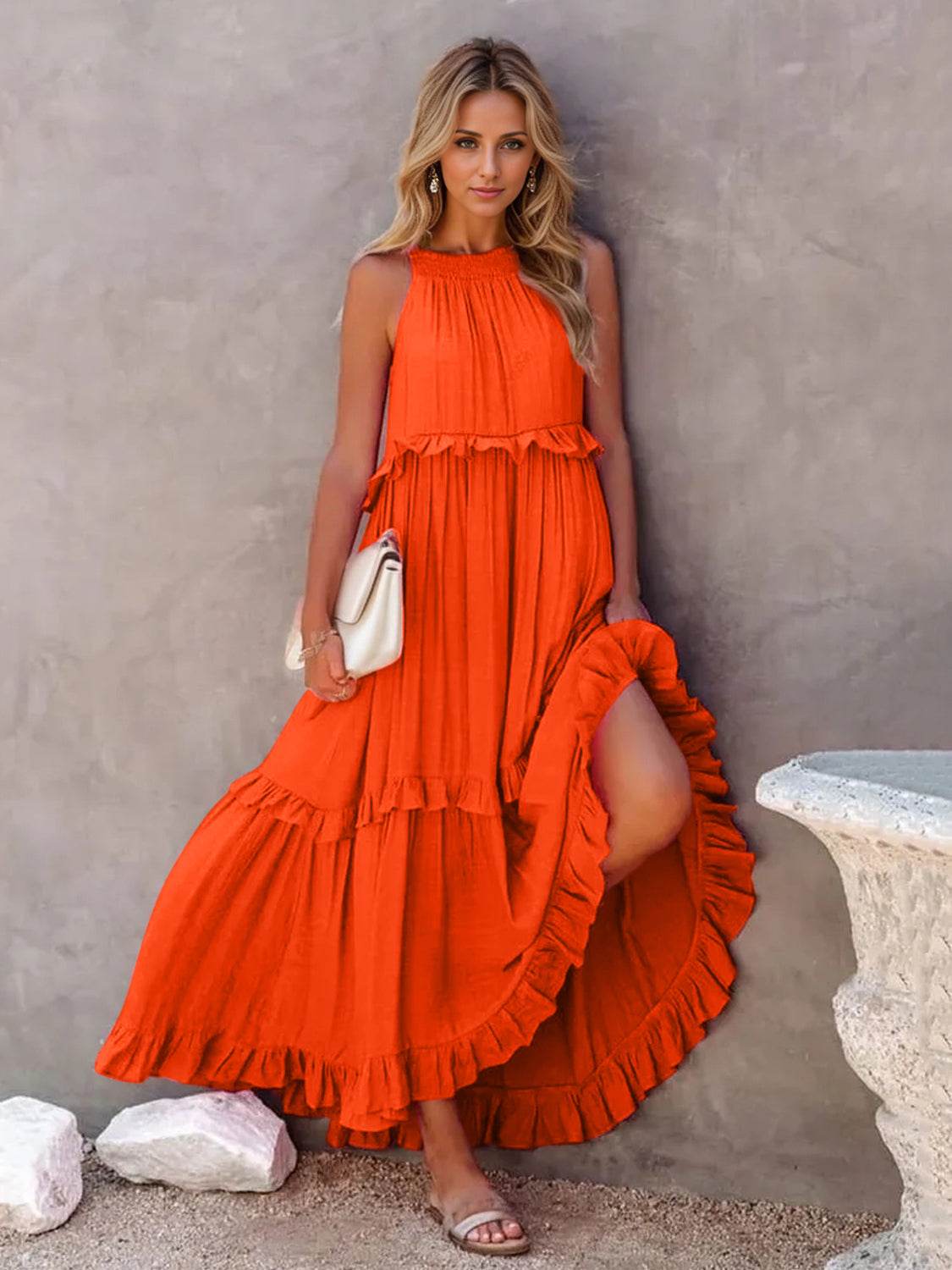 Ruffled Sleeveless Tiered Maxi Dress with Pockets - Selvanelle