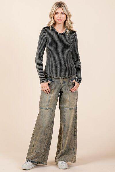 Mittoshop Washed Wide Leg Jeans with Pockets for Women - Selvanelle