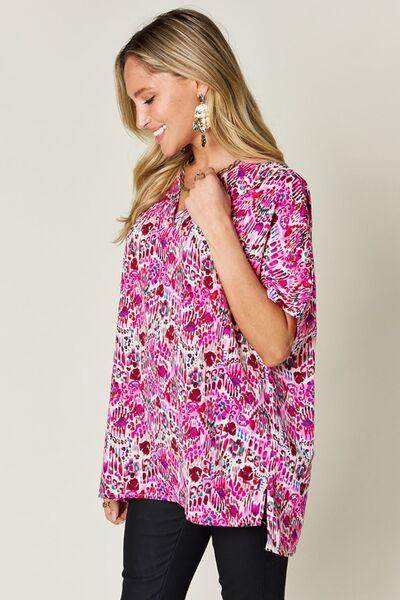 Double Take Full Size Printed V-Neck Short Sleeve Blouse - Selvanelle