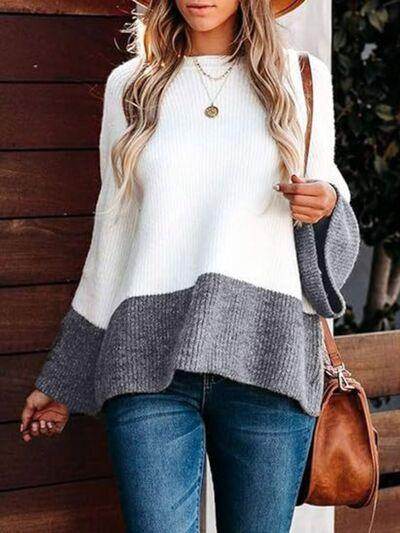 Contrast Round Neck Long Sleeve Sweater for Women Stylish - Selvanelle