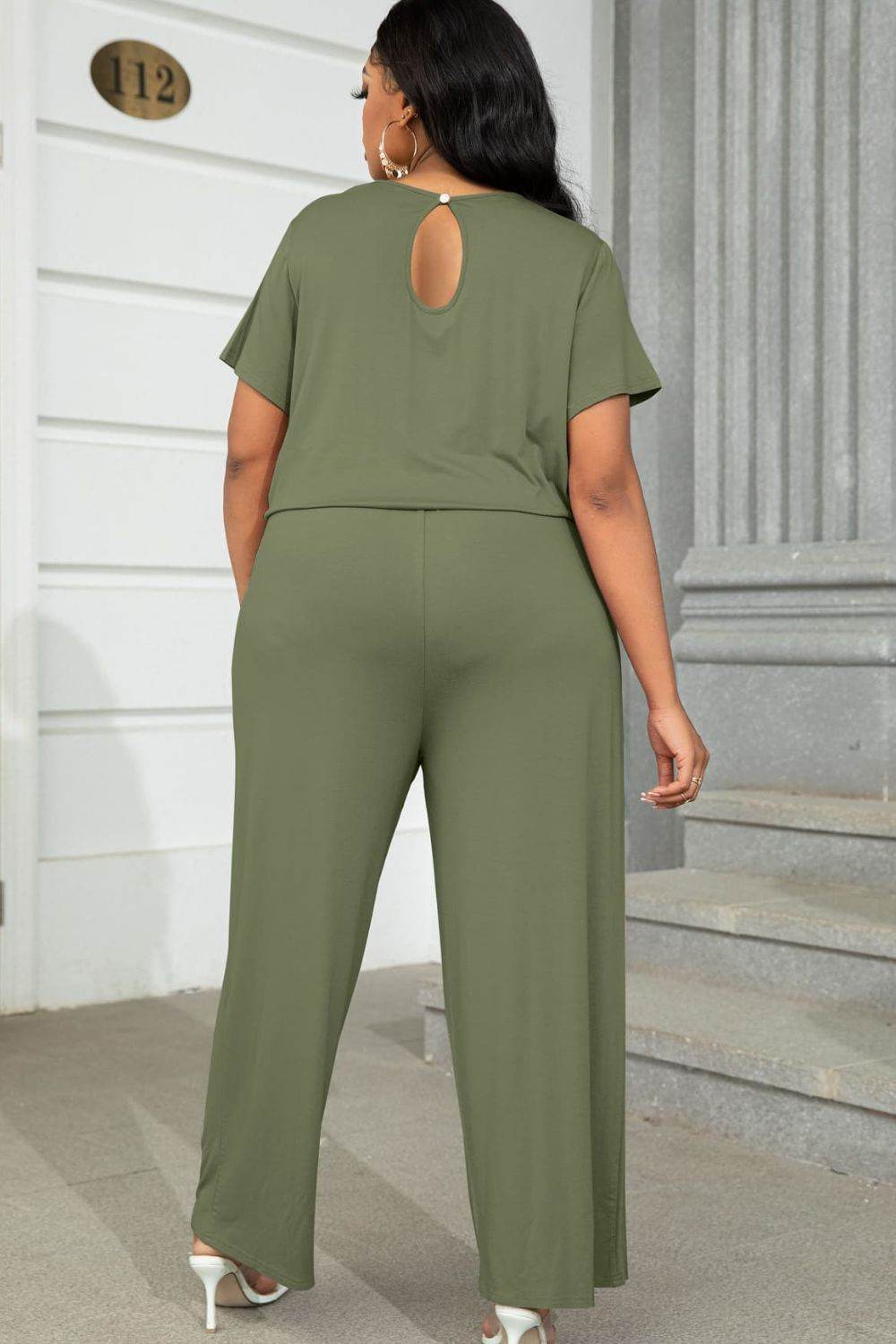 Plus Size Drawstring Waist Short Sleeve Jumpsuit - Selvanelle