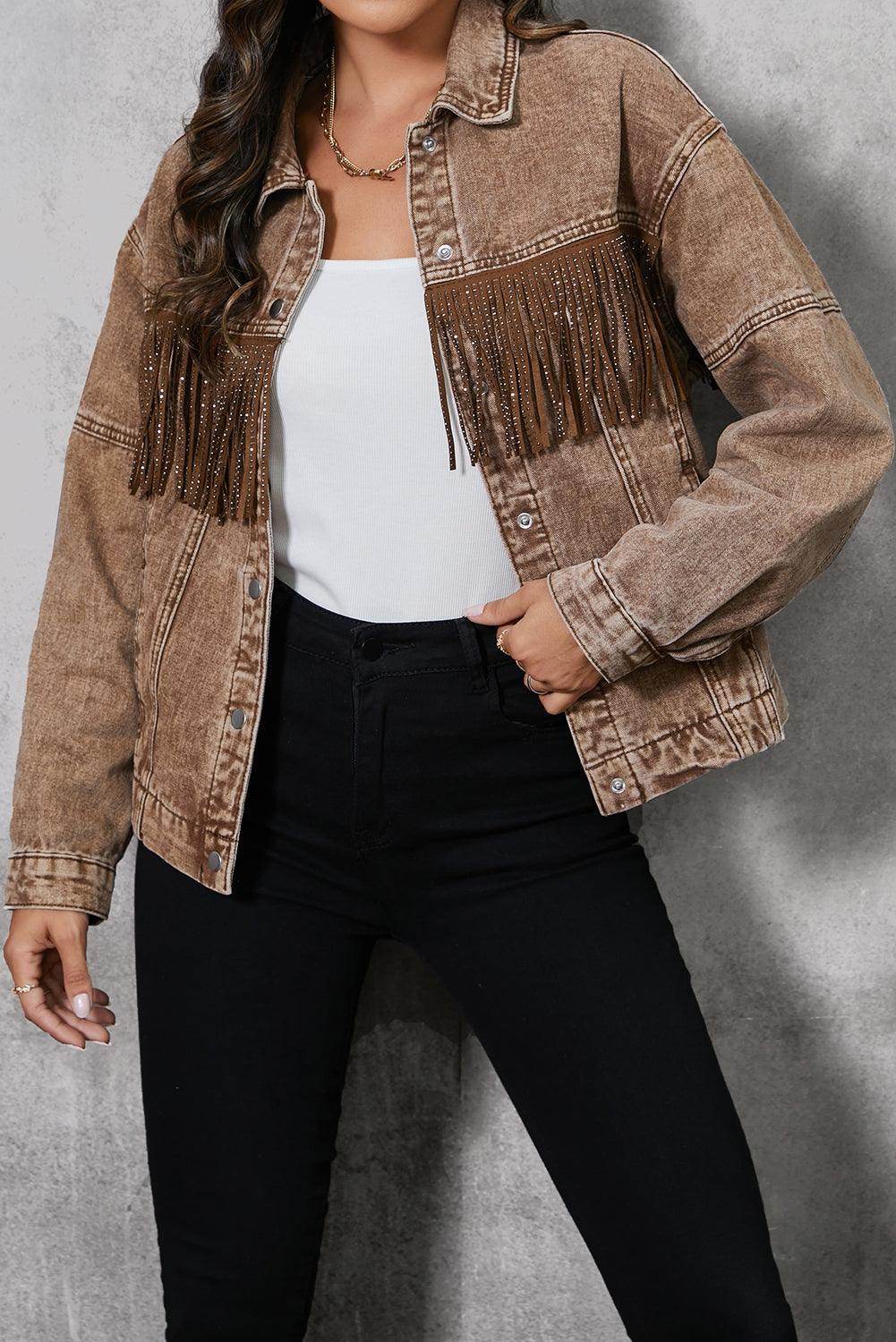 Fringe Trim Snap Down Denim Jacket for Stylish Casual Wear - Selvanelle
