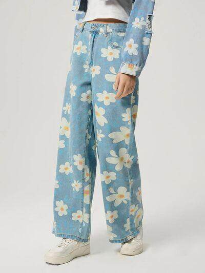 Pocketed Floral Wide Leg Jeans for Stylish Comfort - Selvanelle