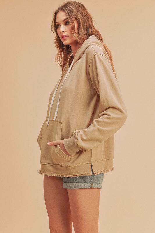 Aemi + Co Raw Hem Kangaroo Pocketed Drawstring Hoodie - Selvanelle