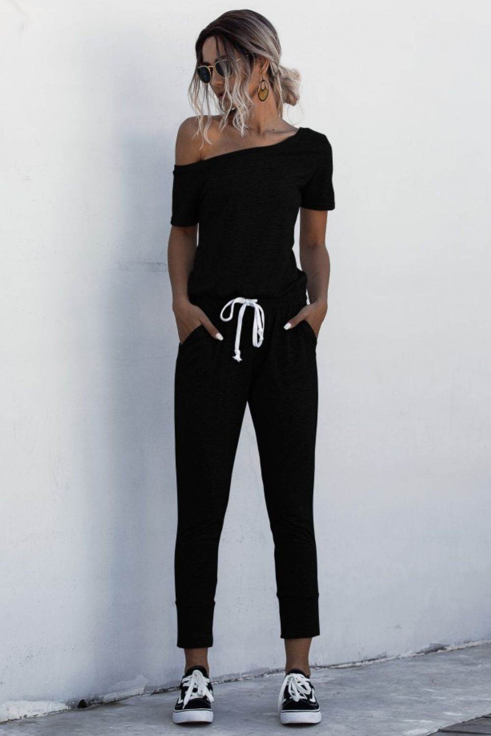 Asymmetrical Neck Tied Jumpsuit with Pockets - Selvanelle