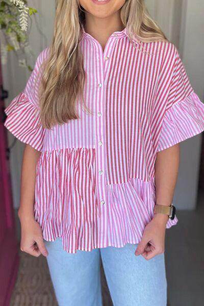 Button Down Striped Ruffled Hem Shirt for Stylish Outfits - Selvanelle