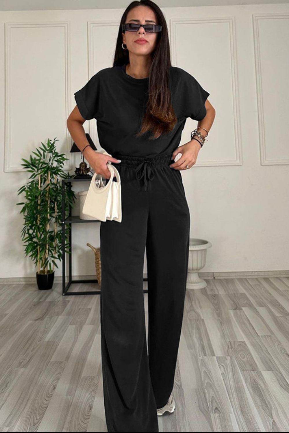 Round Neck Short Sleeve Top and Drawstring Pants Set for Women - Selvanelle