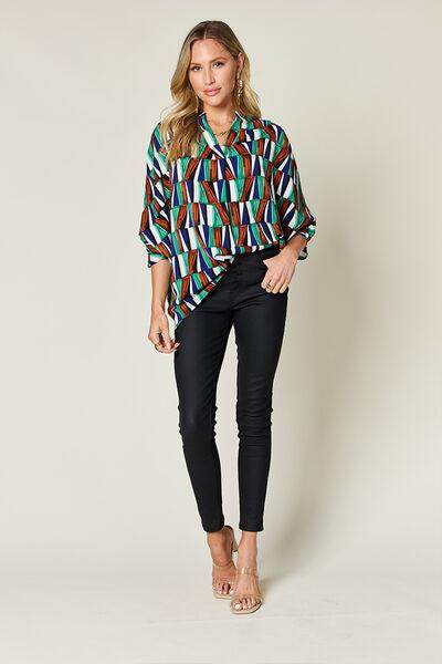 Double Take Full Size Geometric Notched Dolman Sleeve Top - Selvanelle