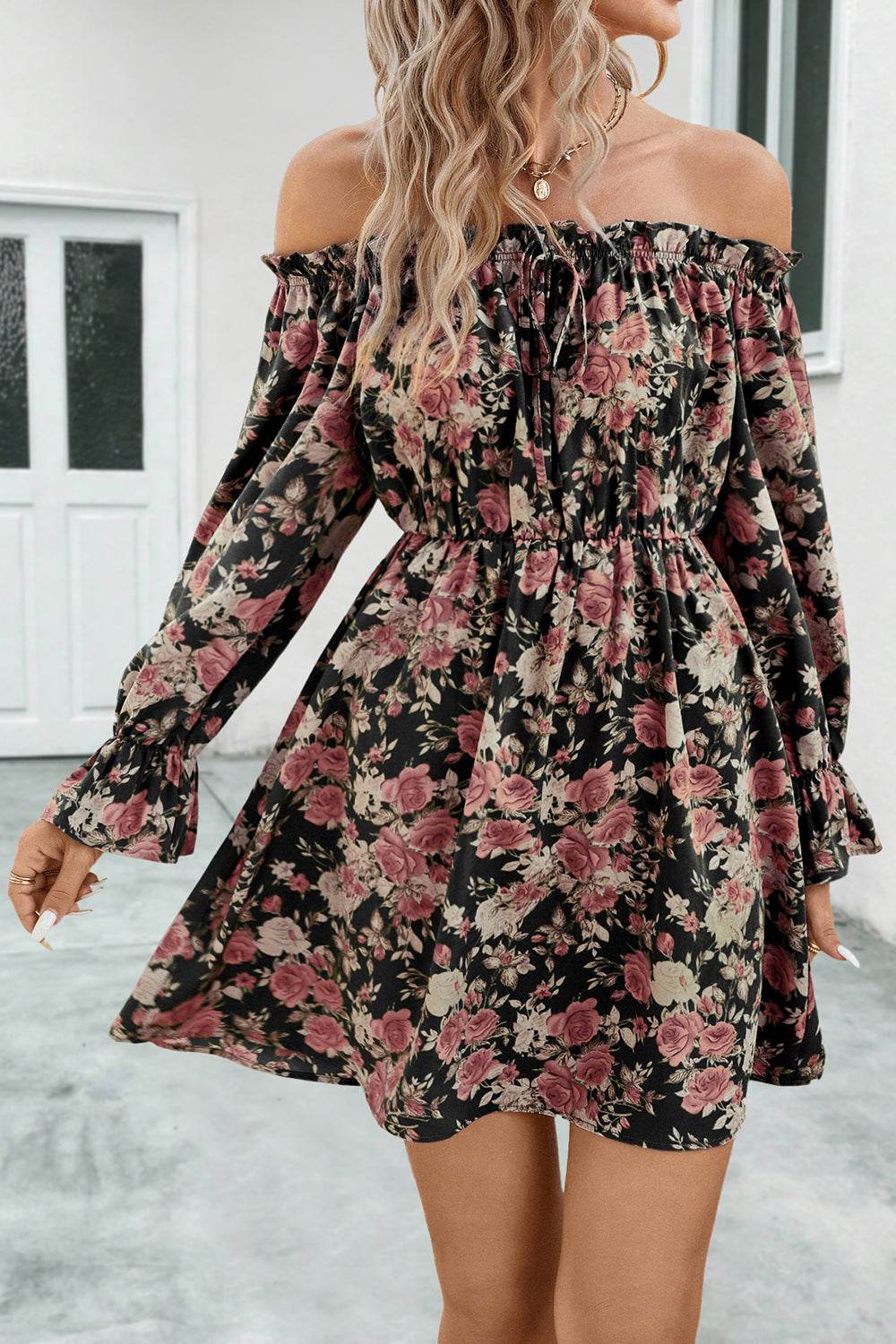 Floral Off-Shoulder Flounce Sleeve Dress - Selvanelle
