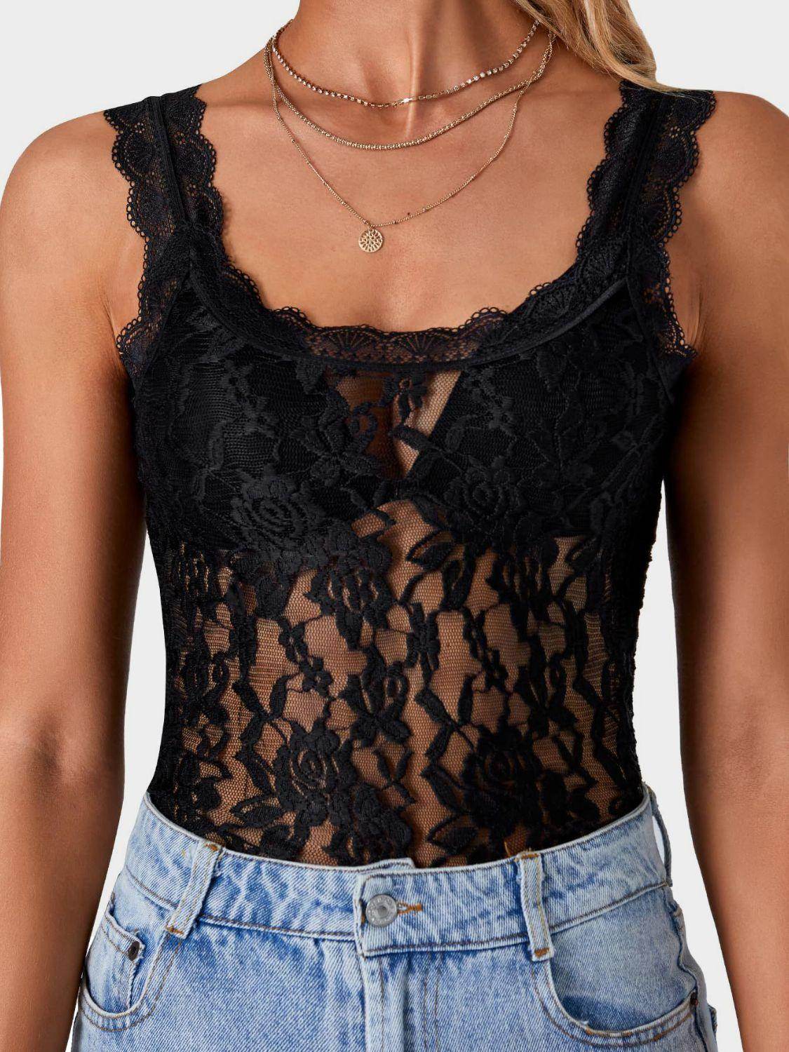 Lace Scoop Neck Tank for Women in Sheer Stretch Fabric - Selvanelle