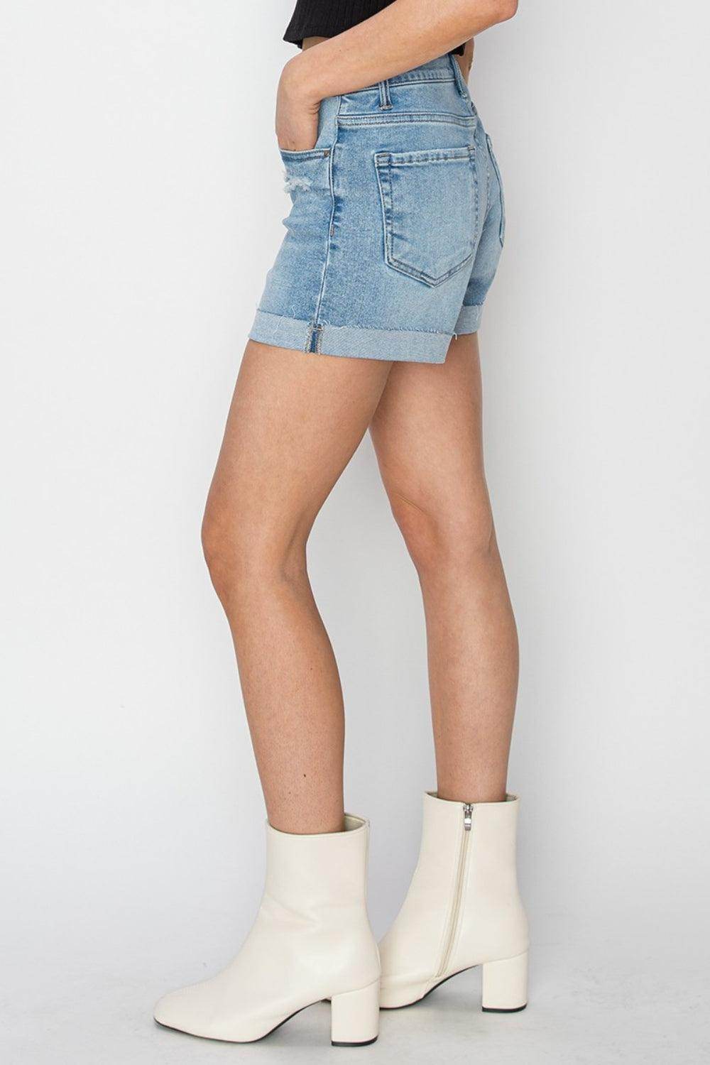 RISEN Distressed Mid-Rise Waist Denim Shorts for Women - Selvanelle