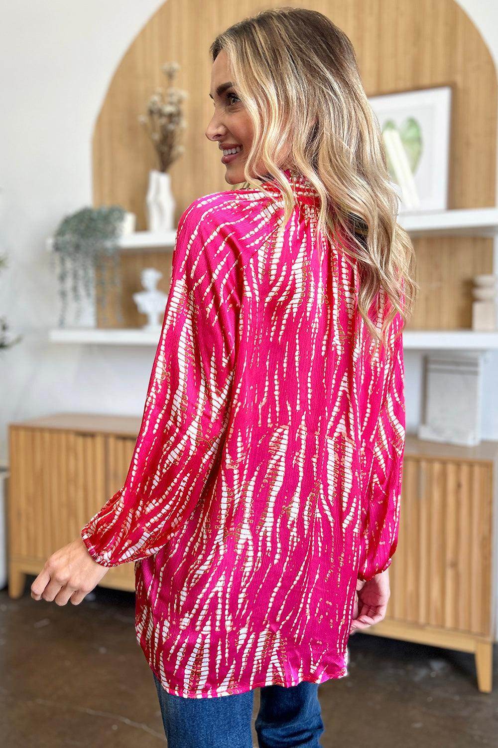 Double Take Full Size Printed Button Up Long Sleeve Shirt - Selvanelle