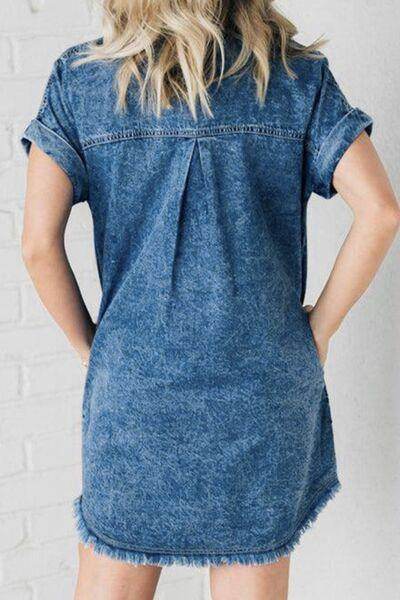 Raw Hem Pocketed Cap Sleeve Denim Dress for Women - Selvanelle