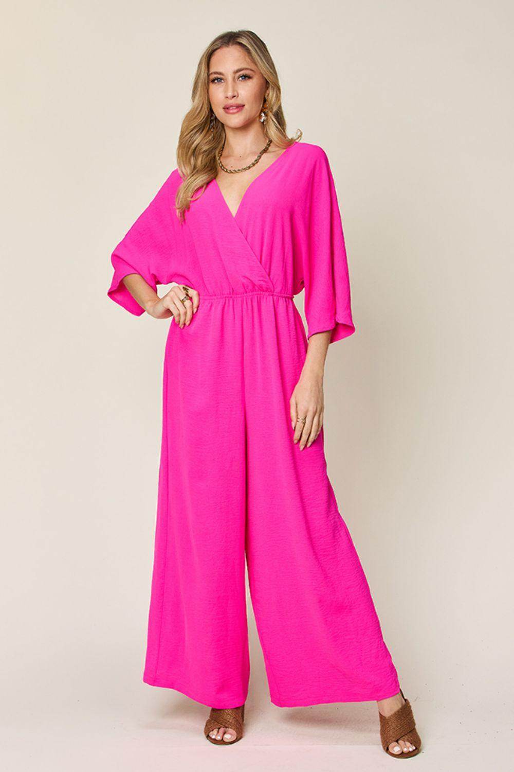 Double Take Full Size Surplice Wide Leg Jumpsuit with Pockets - Selvanelle