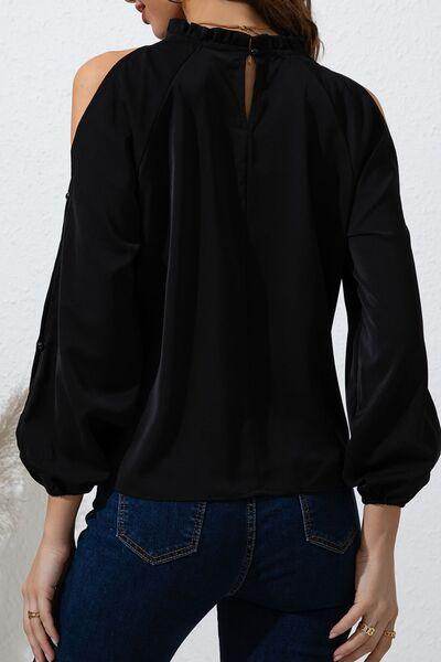 Mock Neck Cold Shoulder Blouse with Sheer Frill Details - Selvanelle