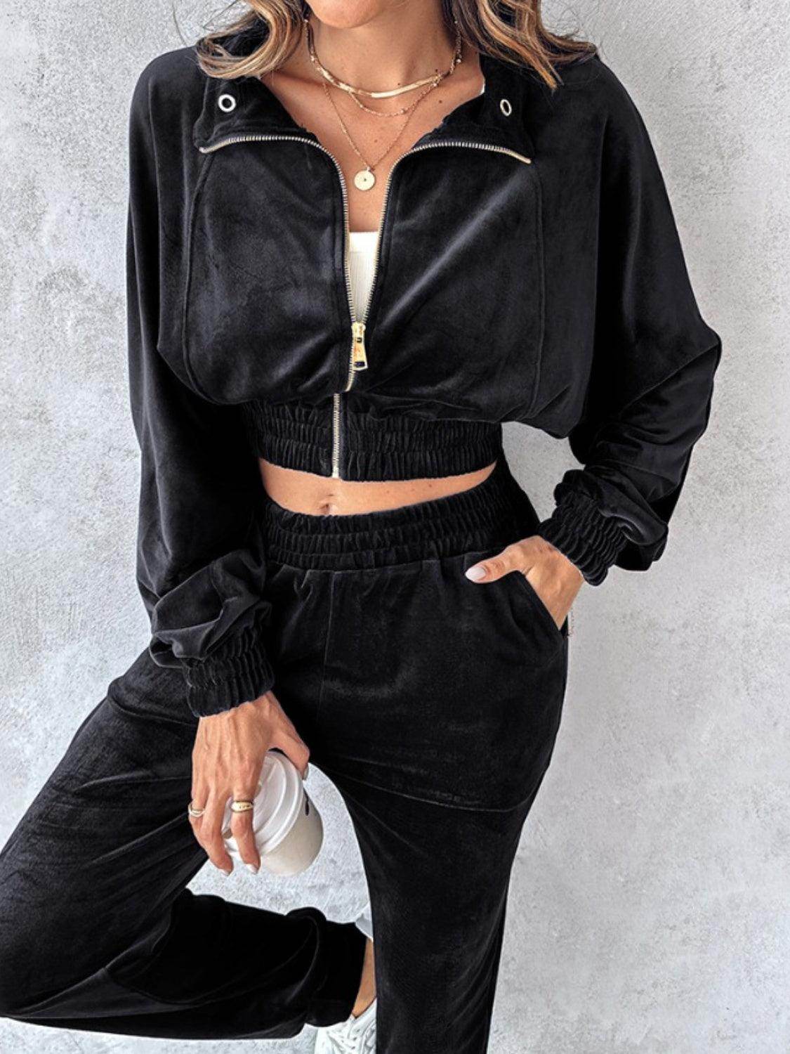 Zip Up Long Sleeve Cropped Top and Joggers Set for Women - Selvanelle