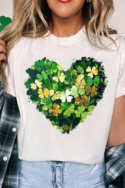 Clover Heart Round Neck Short Sleeve T-Shirt for Women - Selvanelle