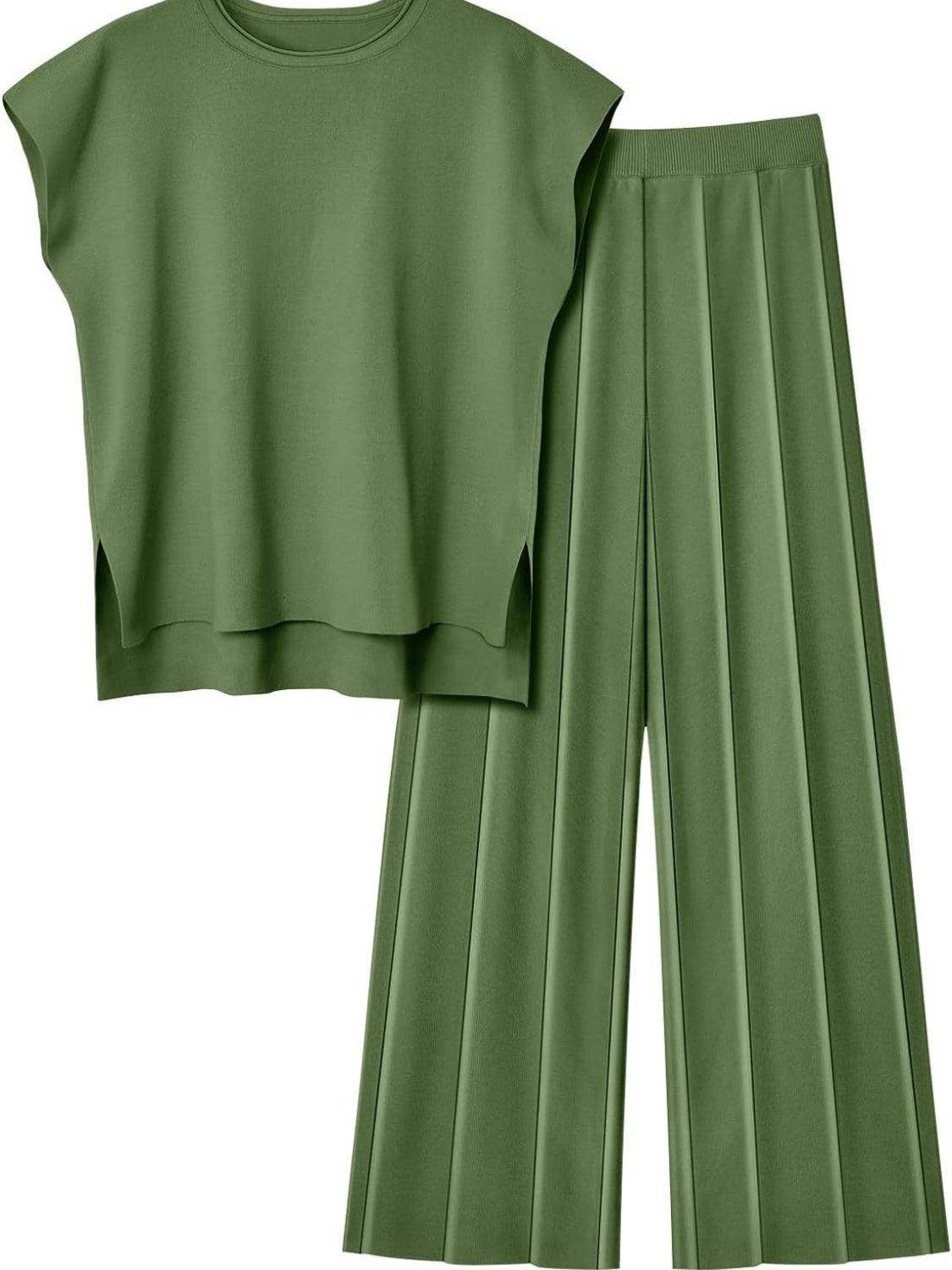 Round Neck Cap Sleeve Top and Pants Knit Set for Women - Selvanelle