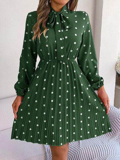 Polka Dot Tie Neck Pleated Dress for Stylish Occasions - Selvanelle
