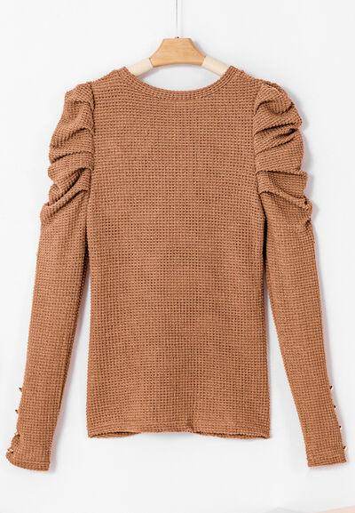 Decorative Button Round Neck Puff Sleeve Blouse for Women - Selvanelle