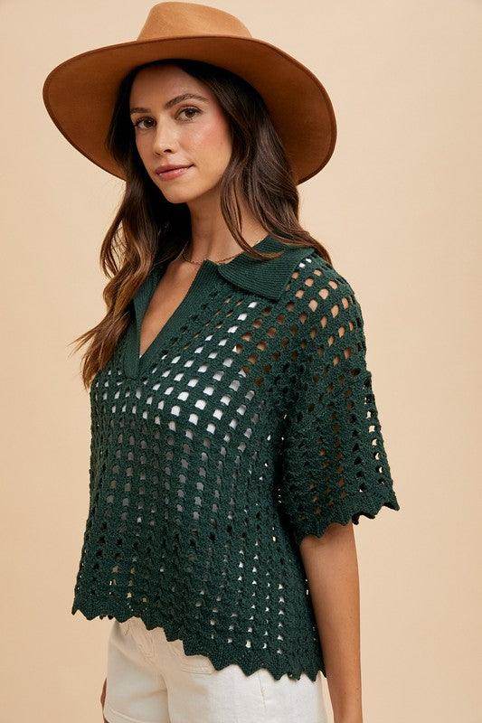 Annie Wear Openwork Johnny Collar Knit Cover Up Stylish Layering - Selvanelle
