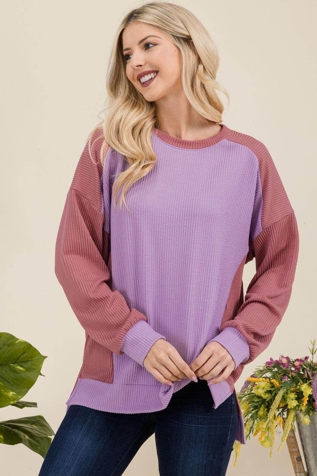 Celeste Full Size High-Low Contrast Round Neck Sweatshirt - Selvanelle