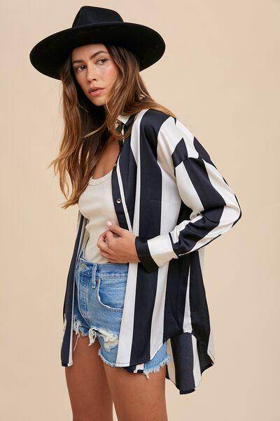 Annie Wear Striped Dropped Shoulder Button Up Shirt for Women - Selvanelle