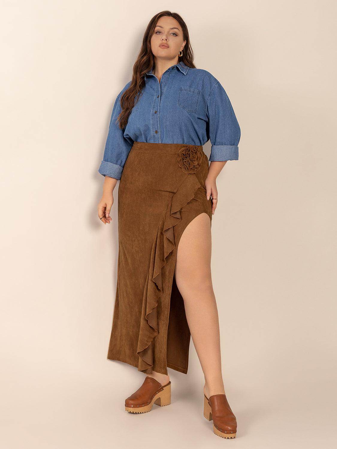 Plus Size Ruffled Slit High Rise Skirt for Stylish Comfort - Selvanelle