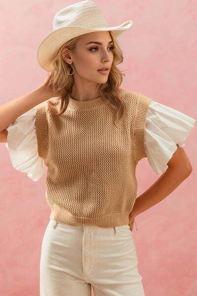 Oh Full Size Ruffled Round Neck Short Sleeve Sweater for Women - Selvanelle