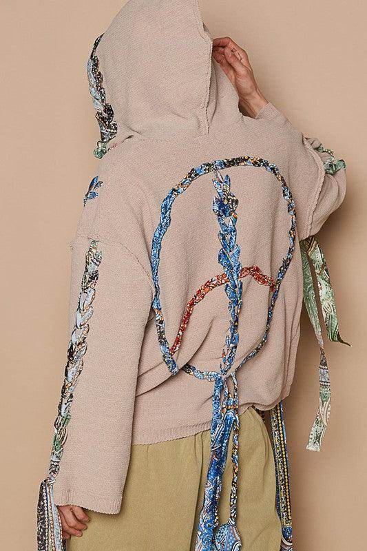 POL Contrast Thread Peace Back Hooded Sweater for Women - Selvanelle