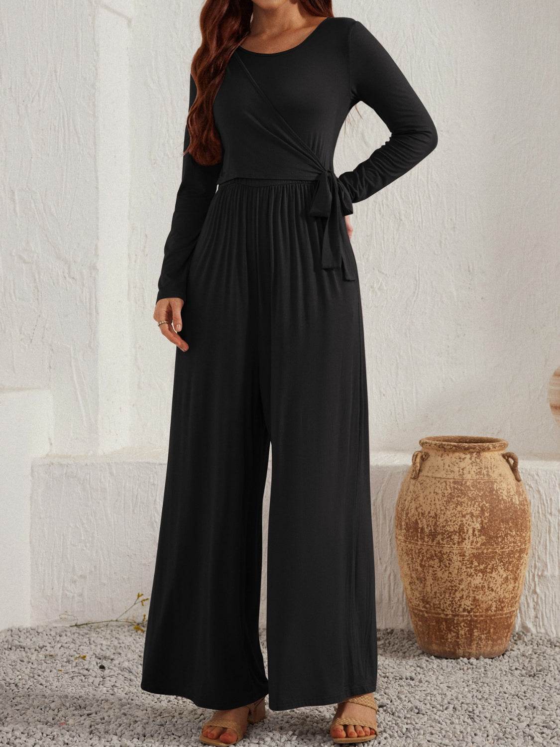 Tied Round Neck Long Sleeve Jumpsuit - Selvanelle