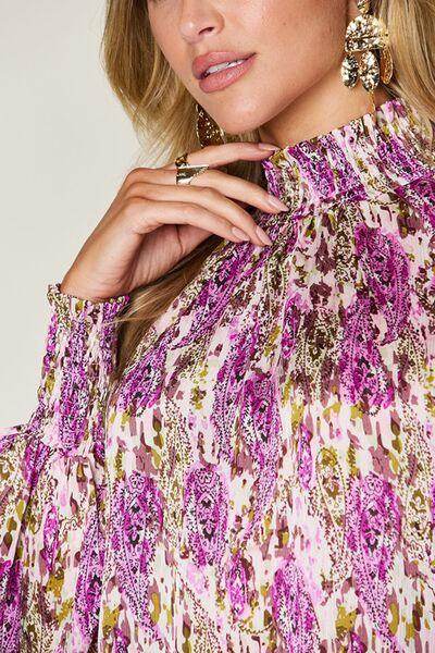 Double Take Full Size Printed Smocked Long Sleeve Blouse - Selvanelle