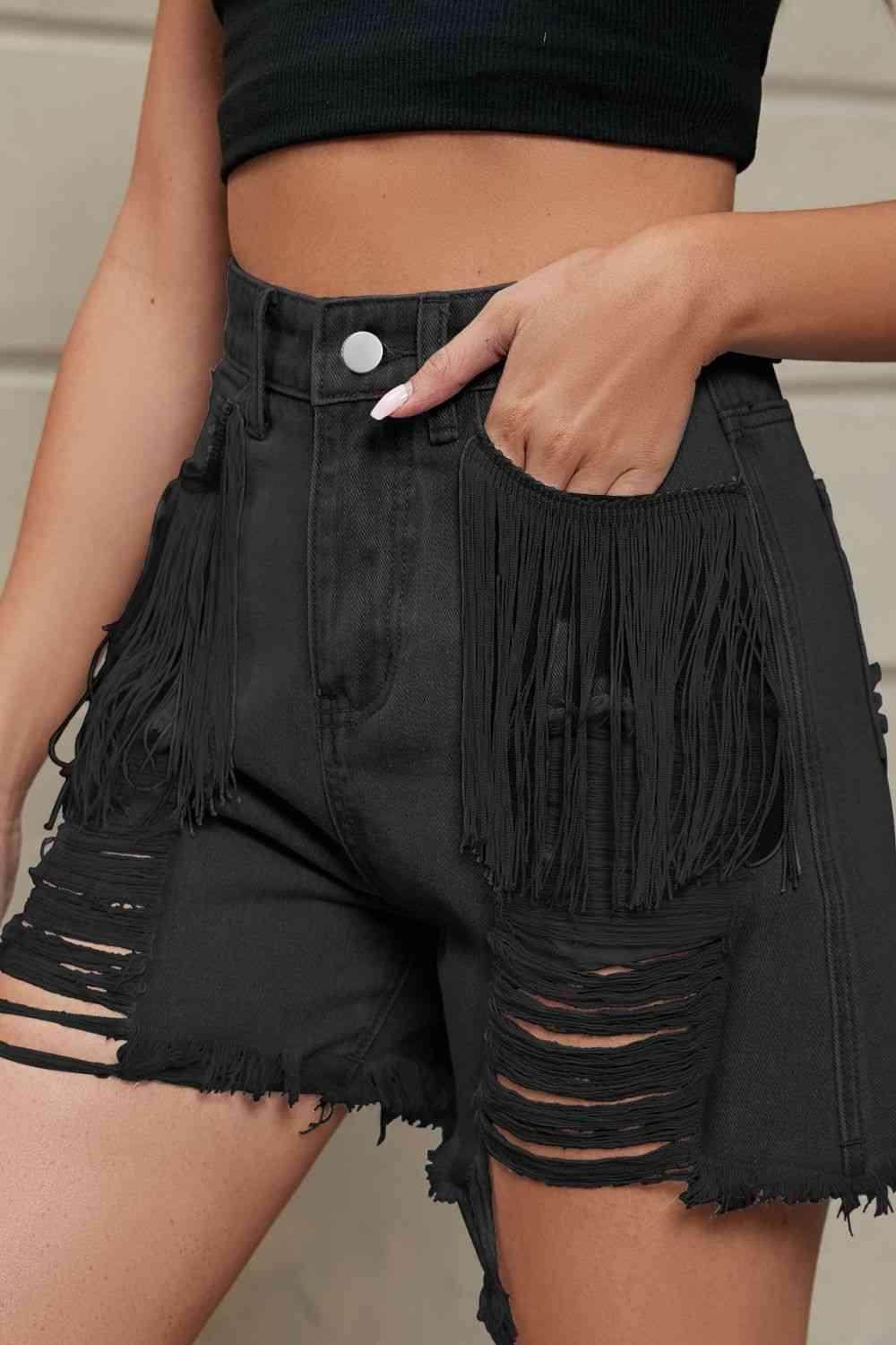 Fringe Trim Distressed Denim Shorts with Pockets for Women - Selvanelle