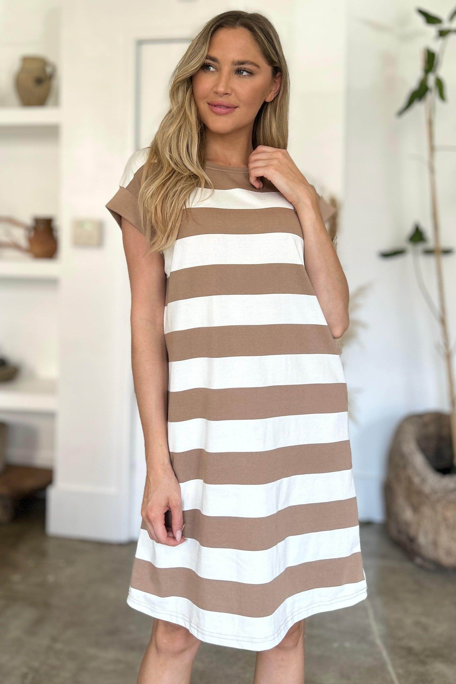 Basic Bae Full Size Striped Round Neck Cap Sleeve Mini Dress - Selvanelle