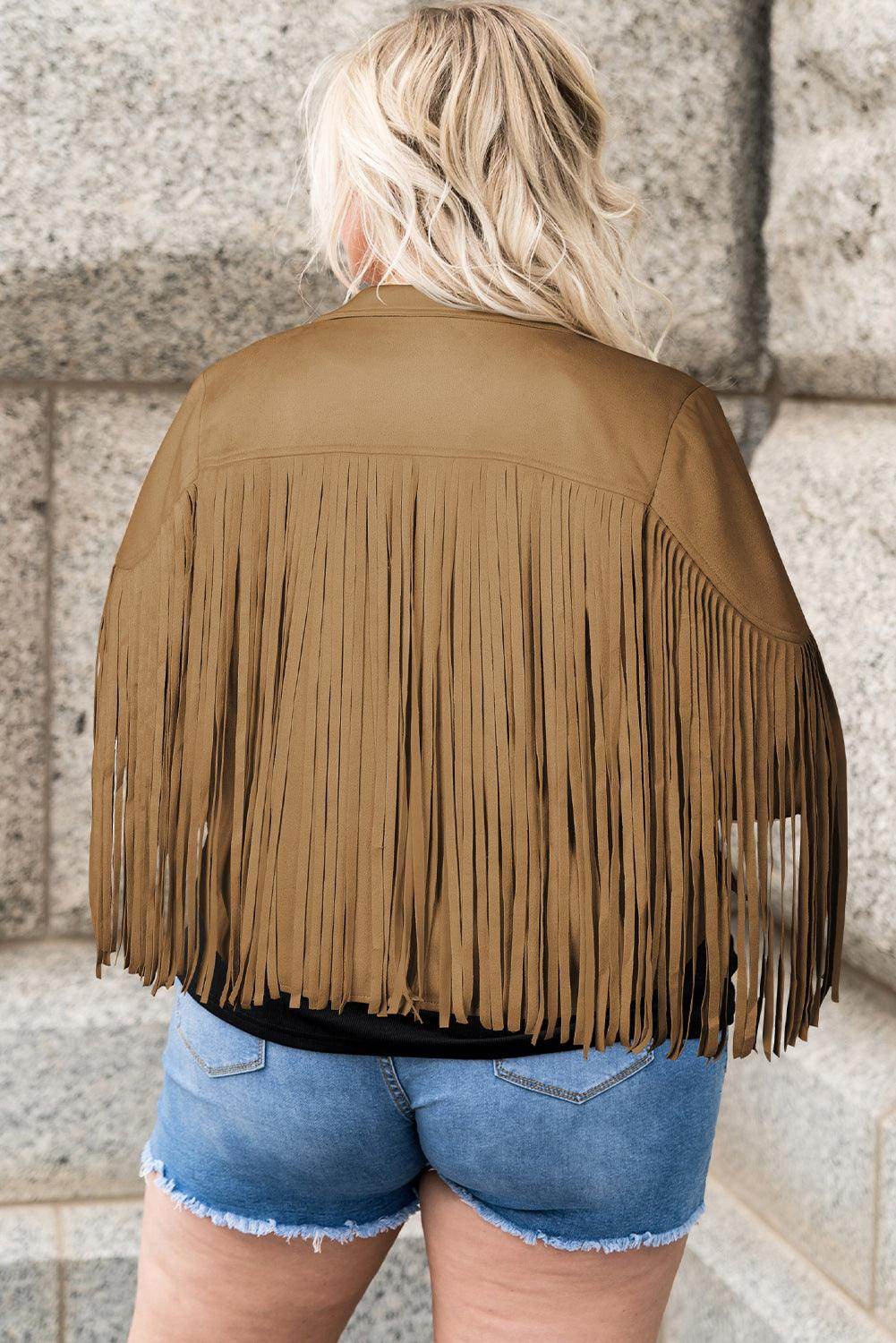 Plus Size Fringe Open Front Jacket for Stylish Layering - Selvanelle