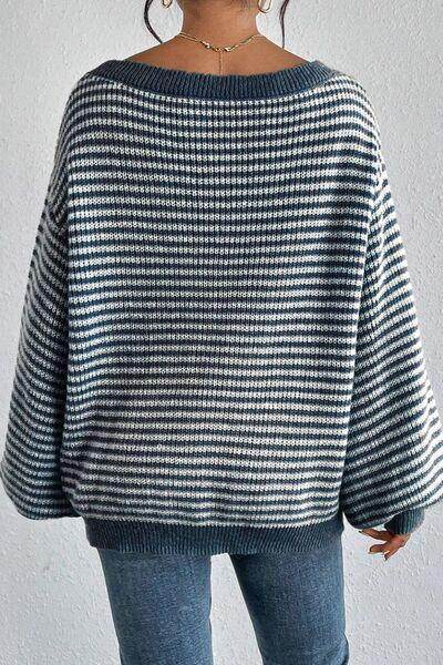 Striped Boat Neck Long Sleeve Sweater for Women Fashion - Selvanelle
